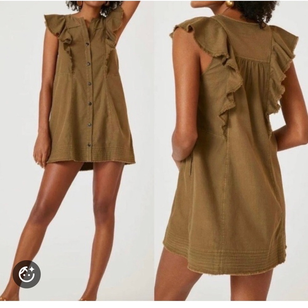 Anthropologie Pilcro Flutter Sleeve Button Front Tunic Mini Dress Moss size M